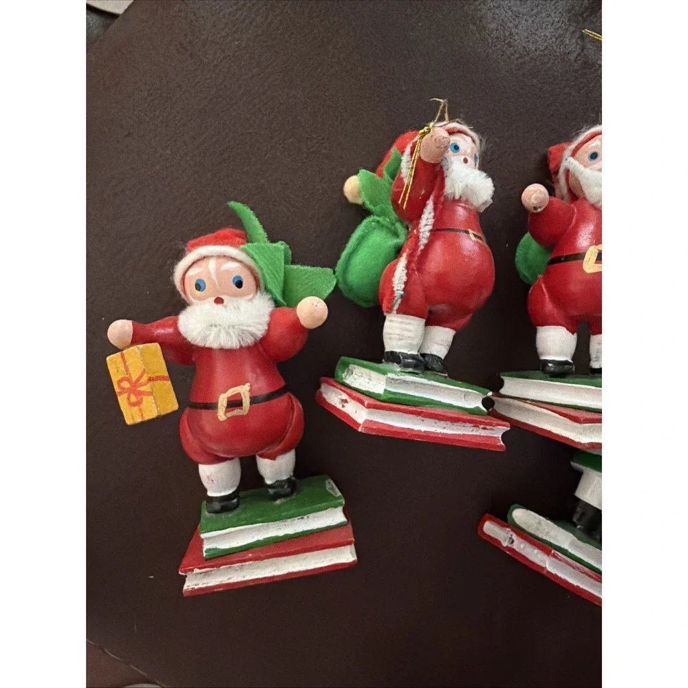 4 Vintage Santa & Snowman Wooden Ornaments Standing On Books Wood Christmas